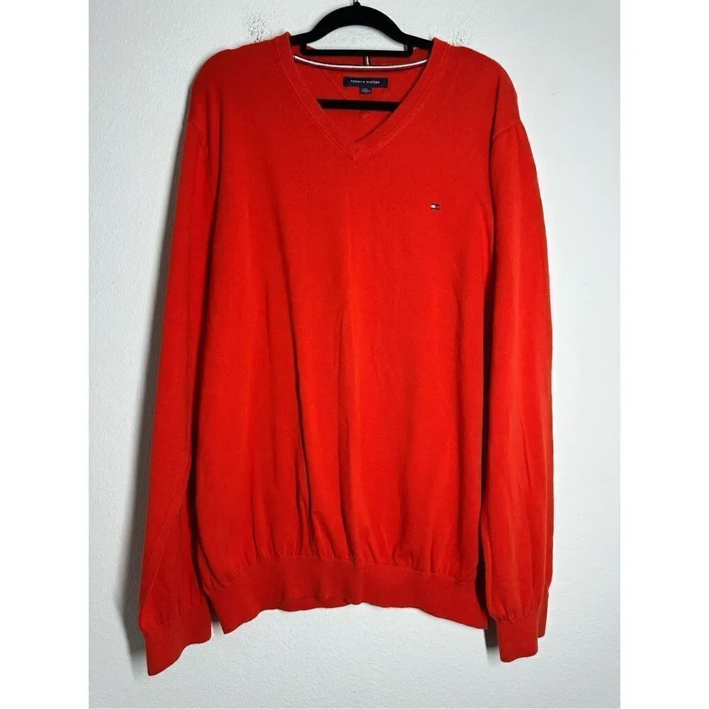 Tommy Hilfiger Sweater Mens XXL Orange Cotton V Neck Knit Long Sleeve Pullover
